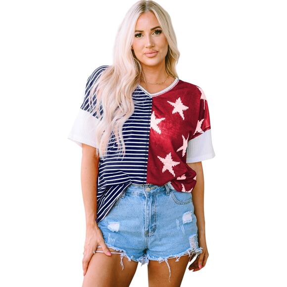Blue Stripes Stars Print Knit Short Sleeve Patriotic Top New S, L - Picture 1 of 10